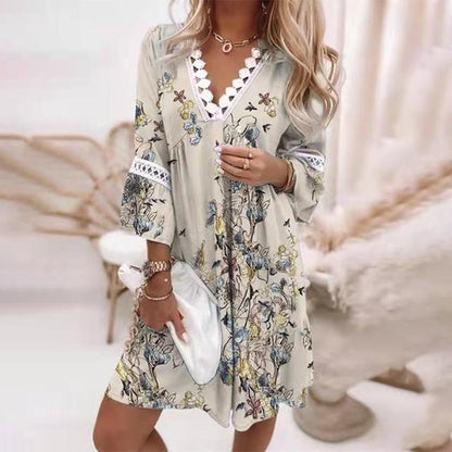 Aleida | Dames Jurk – Losvallende Bedrukte Zomerjurk met 3/4 Mouwen en Knoopsluiting