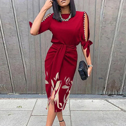 Sarina | Dames Midi Wikkeljurk met Kanten V-Hals en Lange Mouwen – Elegante Getailleerde Pasvorm