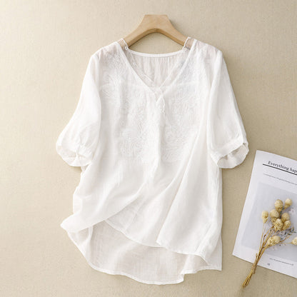 Violetta | Dames Blouse – Los Model, V-hals, Korte Mouwen en Geborduurde Details