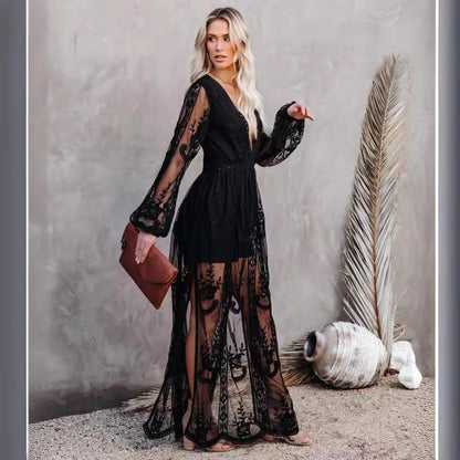 Emmely | Dames Avondjurk – Fitted Pasvorm – V-Hals – Sheer Mouwen – Hoge Split
