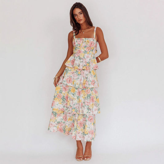 Jacoba | Dames Midi Jurk – Slim Fit met Bloemenprint en Ruches Rok voor Zomerse Elegantie