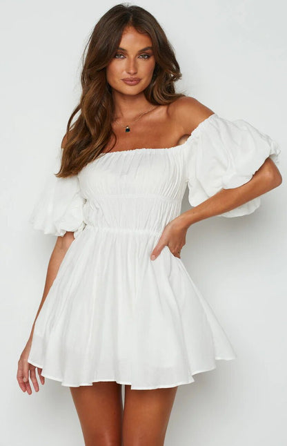 Josien | Dames Mini Jurk – Off-Shoulder, Puff Mouwen & Flared A-Lijn voor Zomerse Elegantie