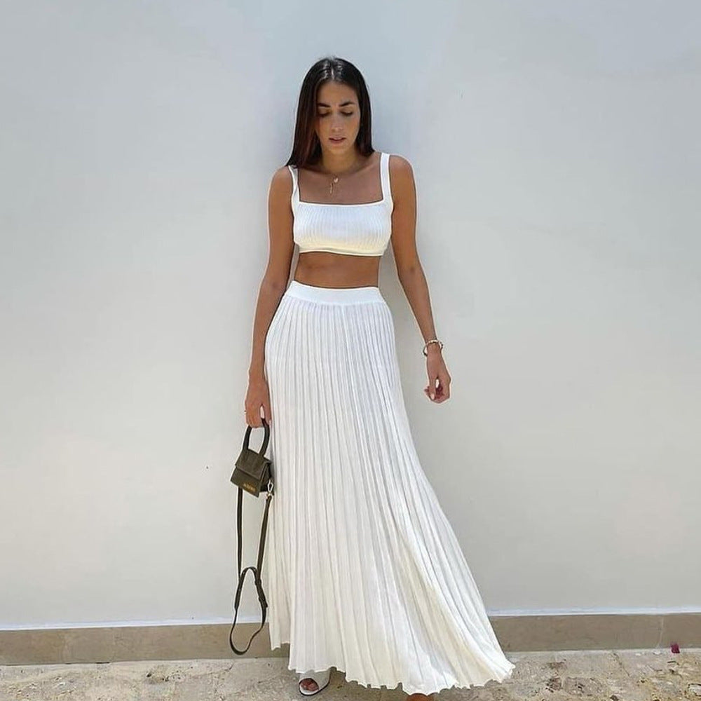 Heleen | Dames Set met Gebreide Crop Top & Plissé Maxi Rok – Slim Fit & Zachte Stretch voor Elegante All-Day Looks