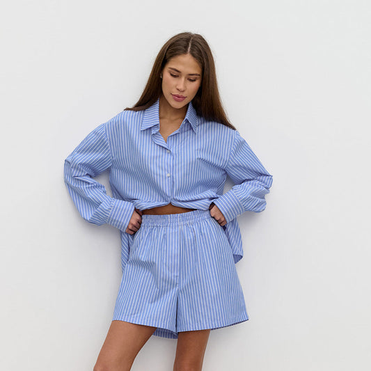 Xiomara  | Dames Blouse – Luchtige Gestreepte Blouse met Bijpassende Short Set