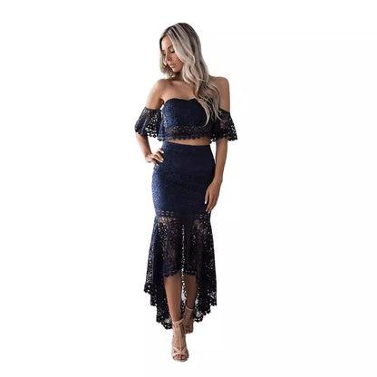Denice | Dames Tweedelige Set – Kant Bustiertop Off Shoulder & Hoge Taille Kokerrok – Elegante Pasvorm