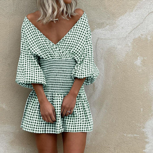 Mini Jurk | Dames jurk met ruitpatroon, V-hals en pofmouwen van katoenmix
