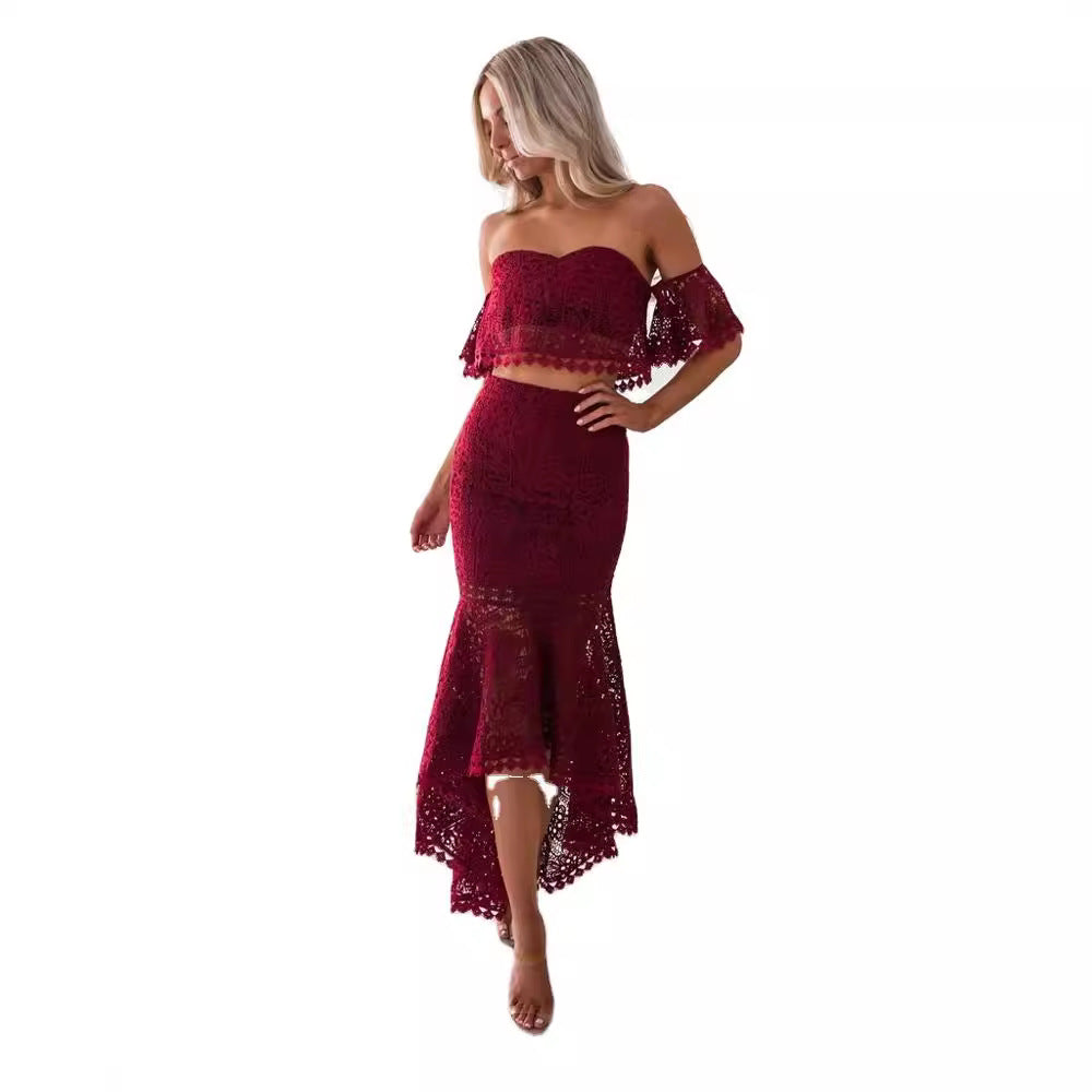 Denice | Dames Tweedelige Set – Kant Bustiertop Off Shoulder & Hoge Taille Kokerrok – Elegante Pasvorm