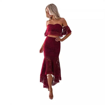 Denice | Dames Tweedelige Set – Kant Bustiertop Off Shoulder & Hoge Taille Kokerrok – Elegante Pasvorm