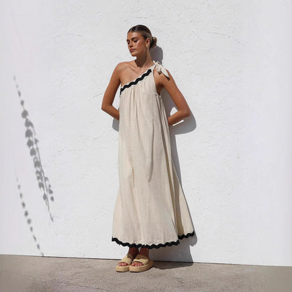 Elsbeth | Dames Maxi Jurk – One Shoulder – Relaxed Fit – Scalloped Zoom – Ademend Materiaal