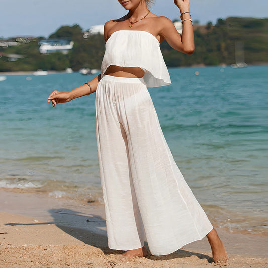Anna | Dames Set – Strapless Top met Asymmetrische Zoom en Wijde Broek van Ademend Materiaal