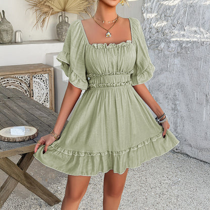 Dames Mini-jurk | Fit & Flare zomerjurk met smocktop, ruches en vierkante hals