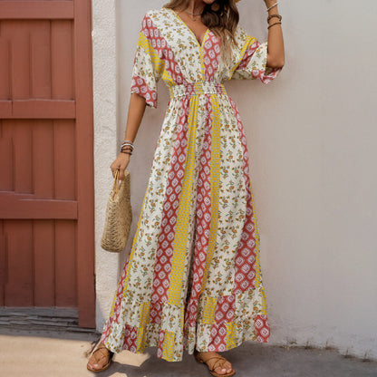 Boho Jumpsuit Dames | Luchtige jumpsuit met V-hals, wijde mouwen en bohemian print
