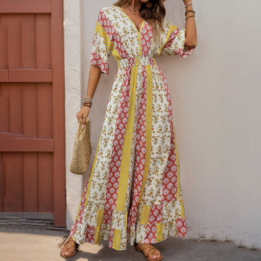 Boho Jumpsuit Dames | Luchtige jumpsuit met V-hals, wijde mouwen en bohemian print