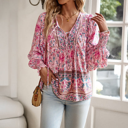 Boho Blouse | Dames blouse met strik hals en plooimouwen in relaxed fit