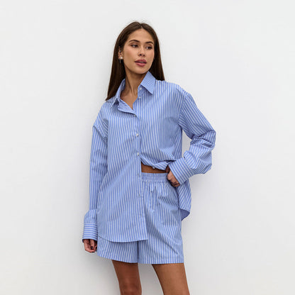 Xiomara  | Dames Blouse – Luchtige Gestreepte Blouse met Bijpassende Short Set