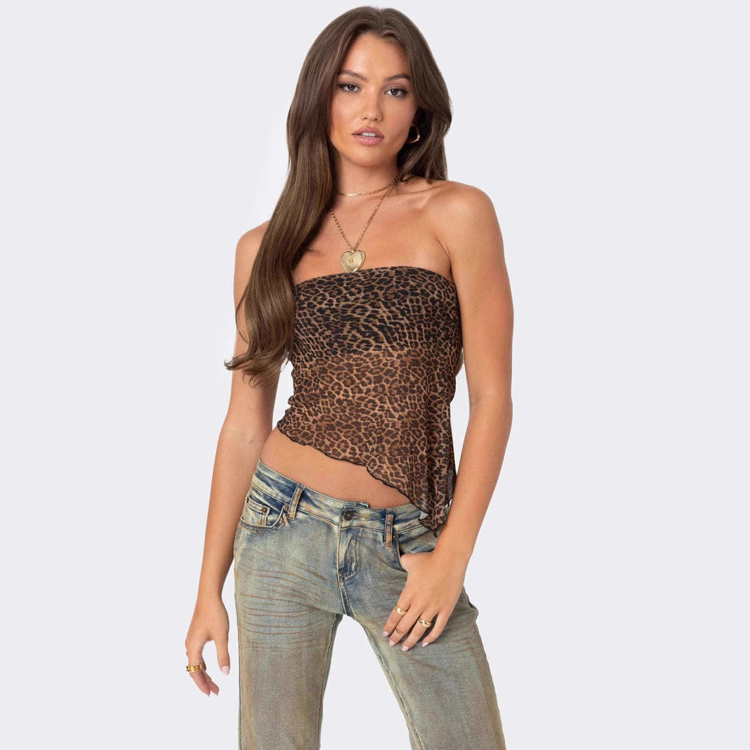 Elvira | Dames Tube Top – Slim Fit – Asymmetrische Zoom – Strapless – Luipaardprint