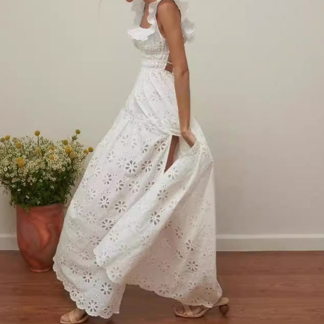 Inaya | Dames Maxi Jurk – Ruches Bandjes, Vierkante Hals & Zijsplit – Elegante Zomerse Stijl