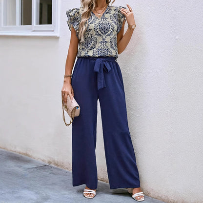 Danielle | Dames Set – V-hals Bloementop met Ruches & Hoge Taille Wijde Pijpen met Ceintuur