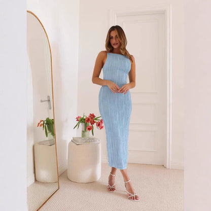 Bettina | Dames Midi Jurk – Slim Fit met Water Ripple Textuur en Open Rug