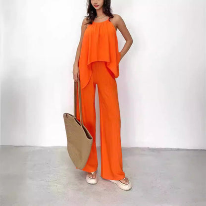 Dames Tweedelige Set | Haltertop met asymmetrische plooien en wijde broek in relaxed fit