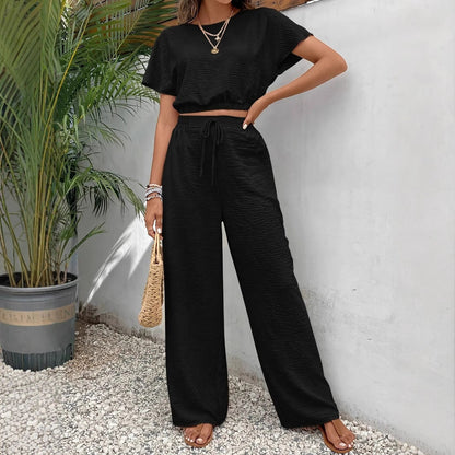 Arina | Dames Tweedelige Set – Crop Top met Batwing Mouwen en Wijde Broek met Trekkoord