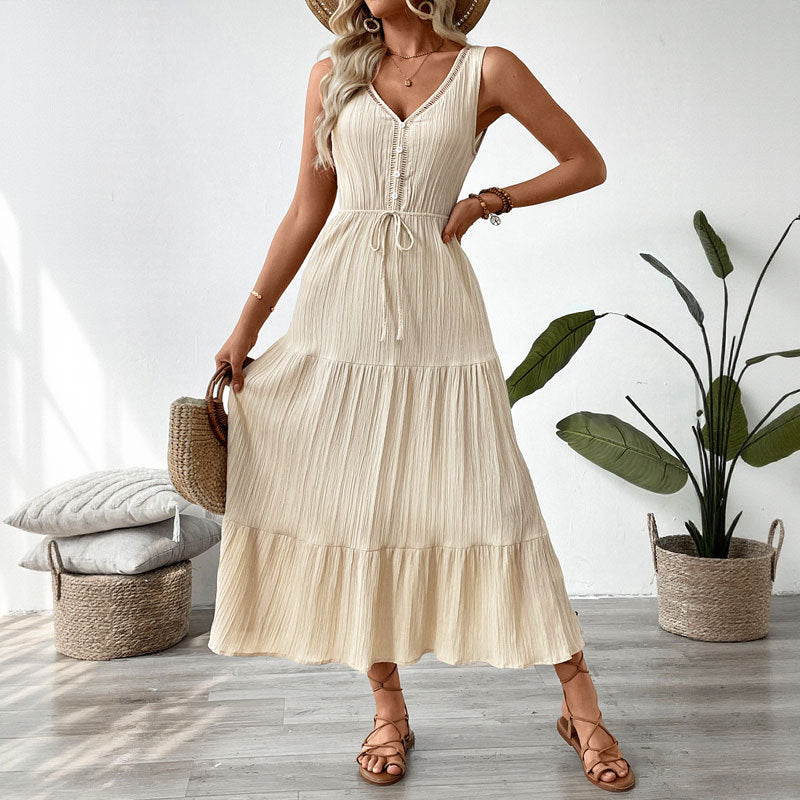 Jose | Dames Midi Jurk – Mouwloos, V-Hals, Gelaagde Rok en Relaxte Pasvorm voor Luchtige Zomerse Stijl