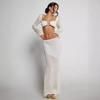 Alette | Dames Set – Slim Fit Gebreide Rok en Crop Top met Opengeweven Design
