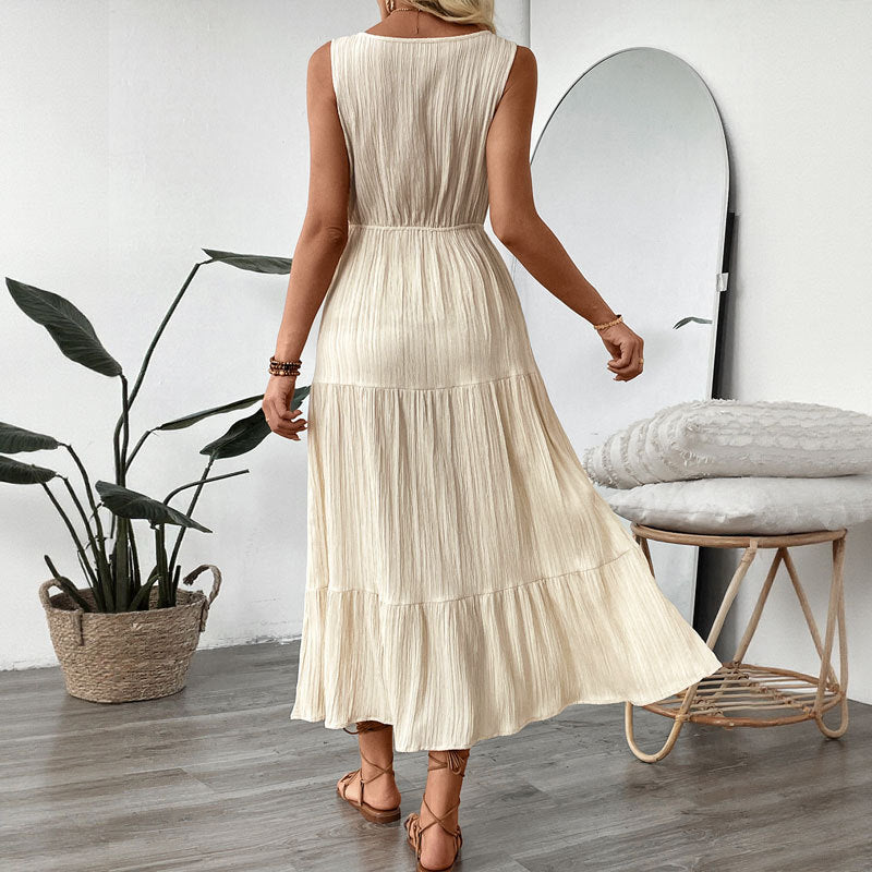 Jose | Dames Midi Jurk – Mouwloos, V-Hals, Gelaagde Rok en Relaxte Pasvorm voor Luchtige Zomerse Stijl