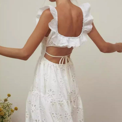 Inaya | Dames Maxi Jurk – Ruches Bandjes, Vierkante Hals & Zijsplit – Elegante Zomerse Stijl