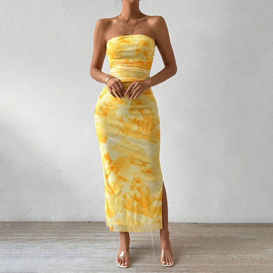 Hilda | Dames Strapless Maxi Jurk – Slim Fit Mesh Design met Elegante Zijsplit