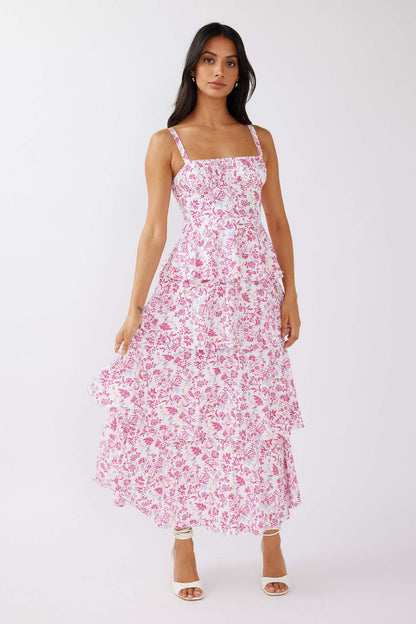 Jacoba | Dames Midi Jurk – Slim Fit met Bloemenprint en Ruches Rok voor Zomerse Elegantie
