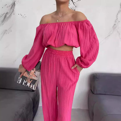 Two-Piece Set | Dames zomer set met offshoulder crop top en wijde broek