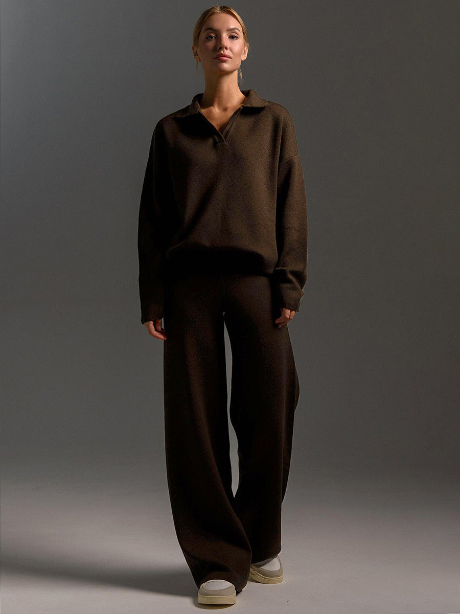 Indy Lounge Set | Dames loungepak met oversized polosweater en brede broek in zandkleur