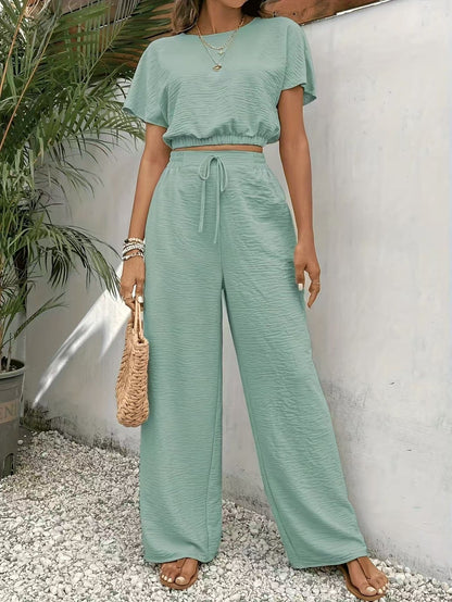 Arina | Dames Tweedelige Set – Crop Top met Batwing Mouwen en Wijde Broek met Trekkoord