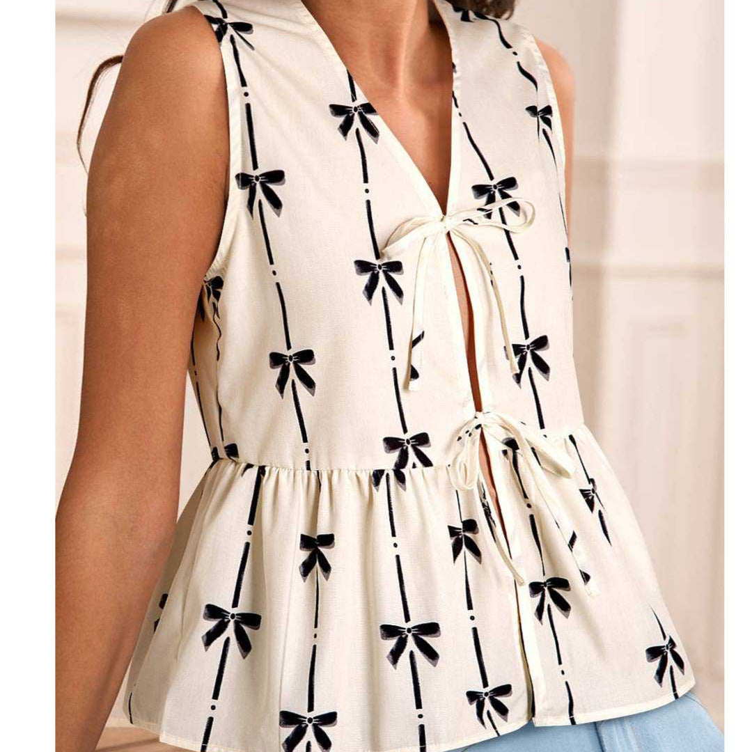 Mouwloze V-hals Blouse | Dames top met relaxed fit en strikdetail van lichtgewicht ademende stof
