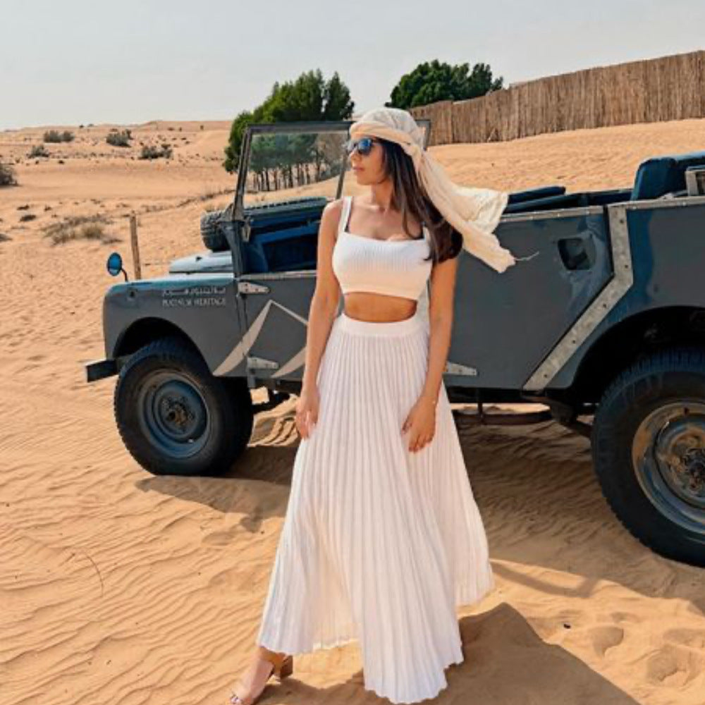 Heleen | Dames Set met Gebreide Crop Top & Plissé Maxi Rok – Slim Fit & Zachte Stretch voor Elegante All-Day Looks