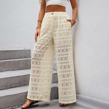 Jitske | Damesbroek met Hoge Taille – Wijde Pijpen en Transparant Kant voor een Elegante Look