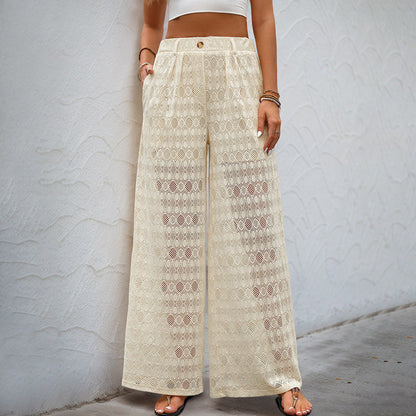 Jitske | Damesbroek met Hoge Taille – Wijde Pijpen en Transparant Kant voor een Elegante Look