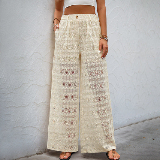 Jitske | Damesbroek met Hoge Taille – Wijde Pijpen en Transparant Kant voor een Elegante Look
