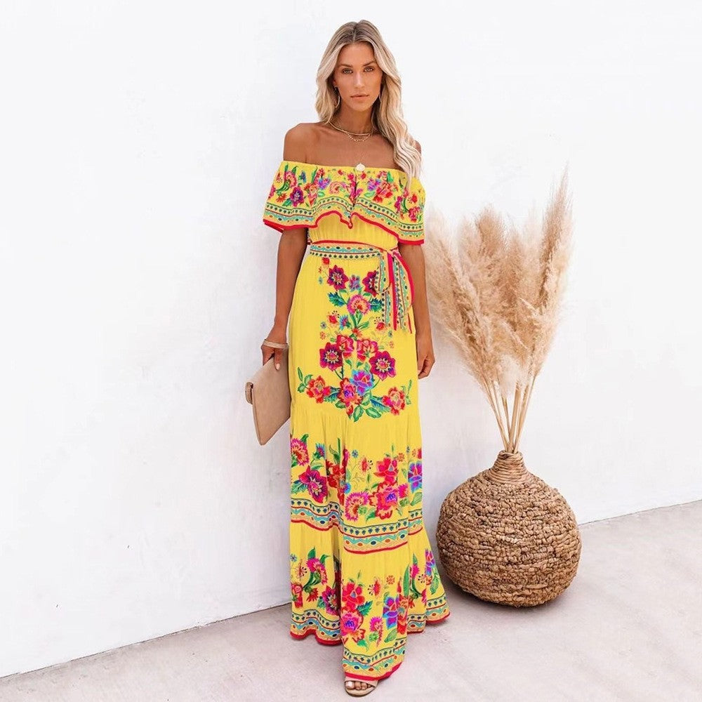 Herma | Dames Maxi Jurk met Off-Shoulder Ruffle & Bloemenprint – Gelaagde Rok & Tailleceintuur voor Zomerse Elegantie