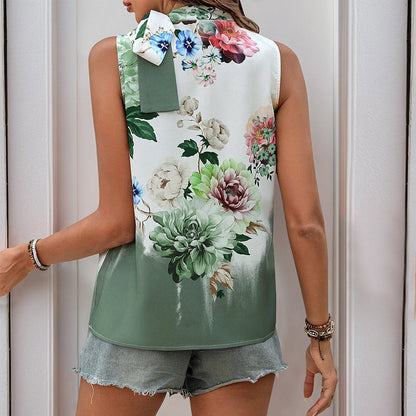 Dames Haltertop | Dames top met bloemenprint en strikdetail in slim fit