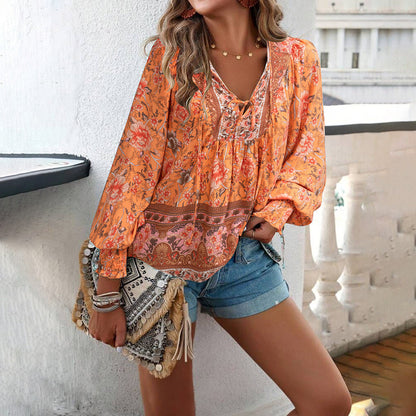 Boho Blouse | Dames blouse met strik hals en plooimouwen in relaxed fit