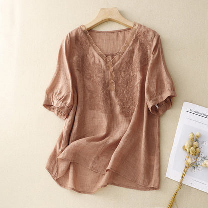 Violetta | Dames Blouse – Los Model, V-hals, Korte Mouwen en Geborduurde Details