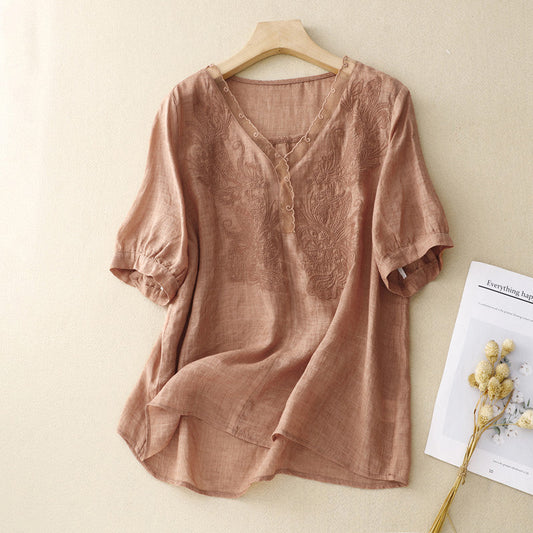 Violetta | Dames Blouse – Los Model, V-hals, Korte Mouwen en Geborduurde Details