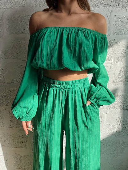 Two-Piece Set | Dames zomer set met offshoulder crop top en wijde broek