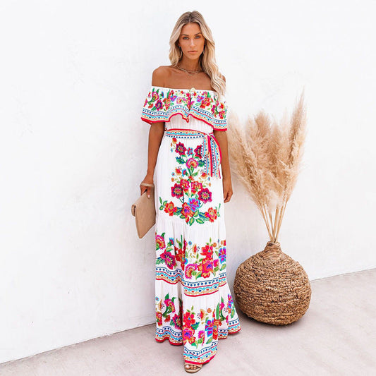 Herma | Dames Maxi Jurk met Off-Shoulder Ruffle & Bloemenprint – Gelaagde Rok & Tailleceintuur voor Zomerse Elegantie