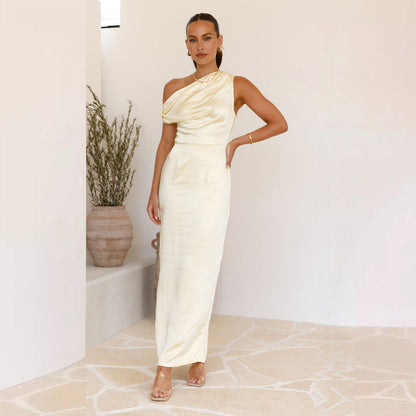 Bonnie | Dames Midi Jurk – Bodycon Pasvorm met One-Shoulder en Glanzende Drapage Stof