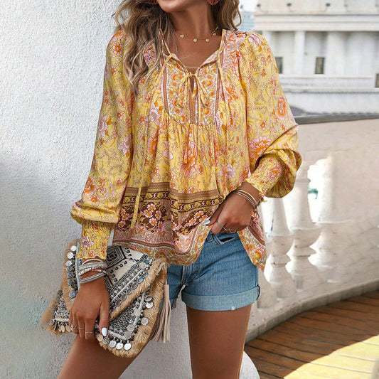 Boho Blouse | Dames blouse met strik hals en plooimouwen in relaxed fit