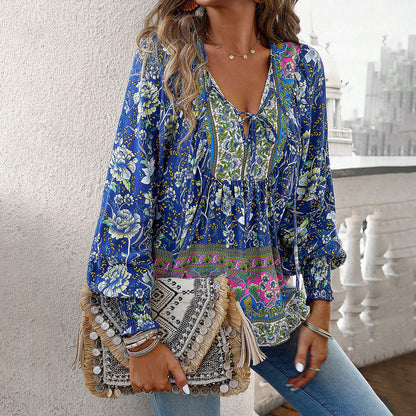 Boho Blouse | Dames blouse met strik hals en plooimouwen in relaxed fit