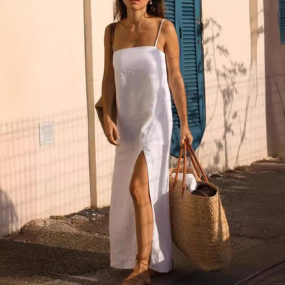 Diny | Dames Midi Jurk – Spaghettibandjes – Relaxte Pasvorm & Zijsplit